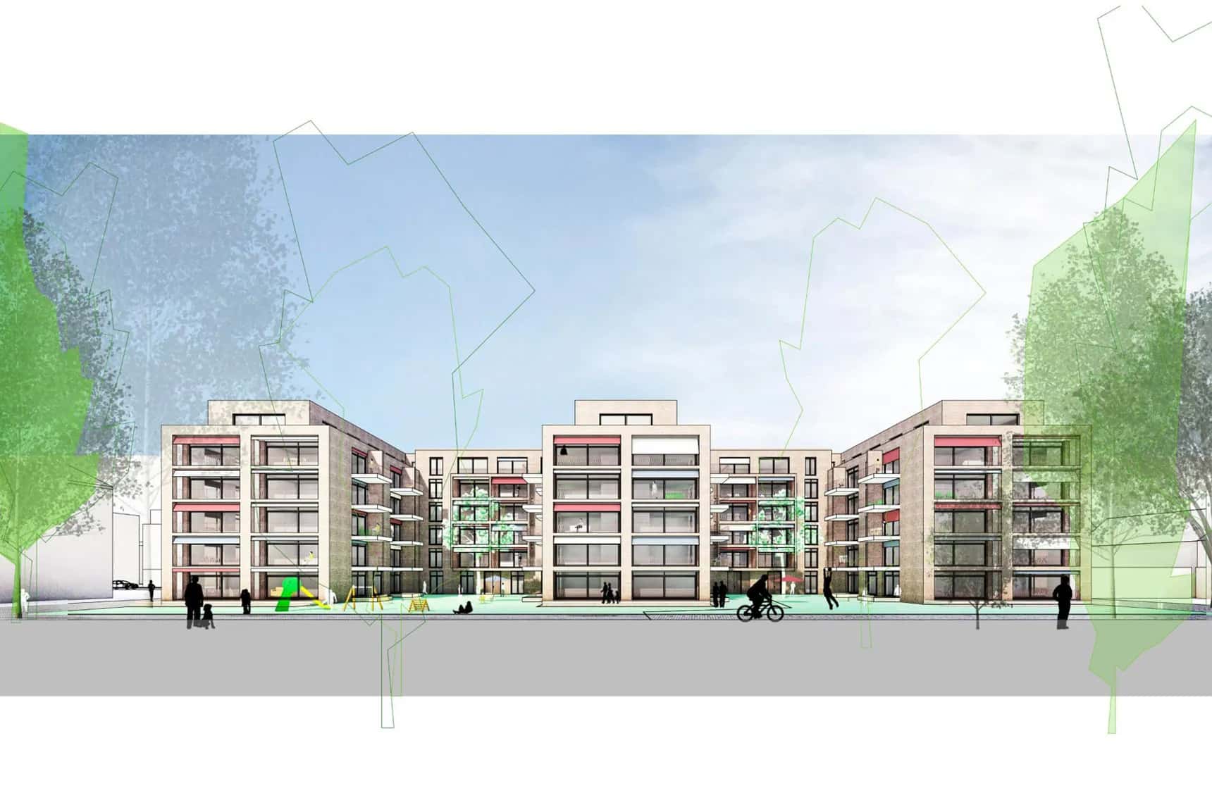 Stadtbaustein: rund 140 Wohnungen über aktivem Erdgeschoss.